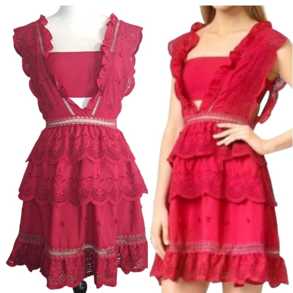 Self Portrait Minidress Size 0 Raspberry Red Lace Ruffle Tiered Fit Flare Lined